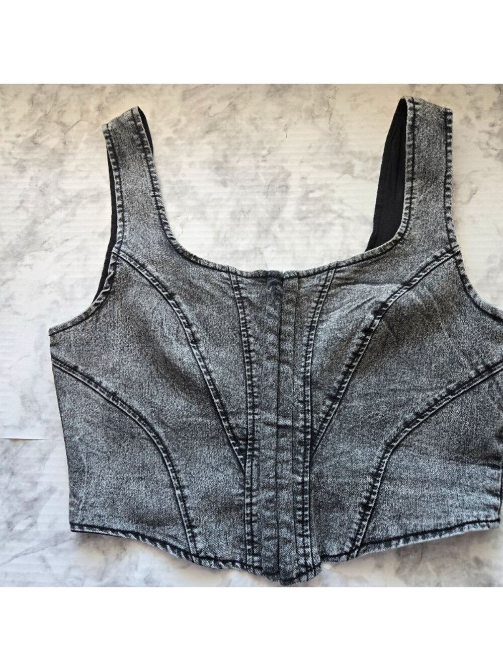 Blāshe Acid Wash Faux-Denim Corset Crop Top Black/Gray, Women's Sz M (26-0249)